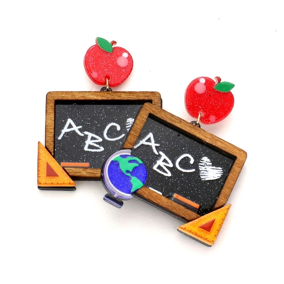 Colorful ABC Glitter ChalkBoard Teacher Dangle Earrings Apple School Gift Drop - Picture 1 of 2